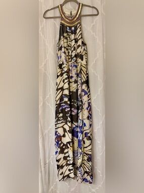Charlie Jade 100% Silk Beaded Halter Maxi Dress Abstract Print Small 💎
